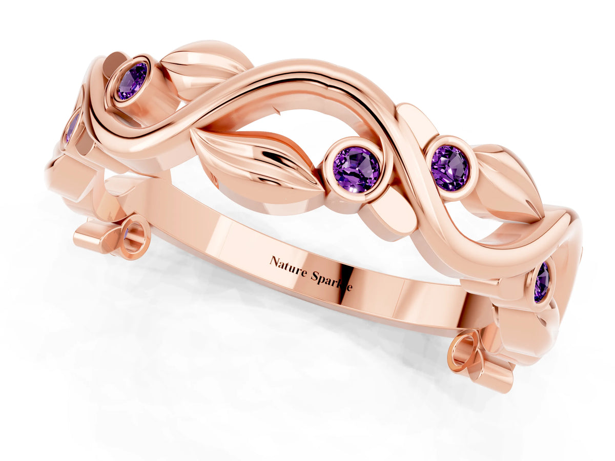 Round Amethyst Leaf Motif Eternity Band in Rose gold with Bezel Setting_1