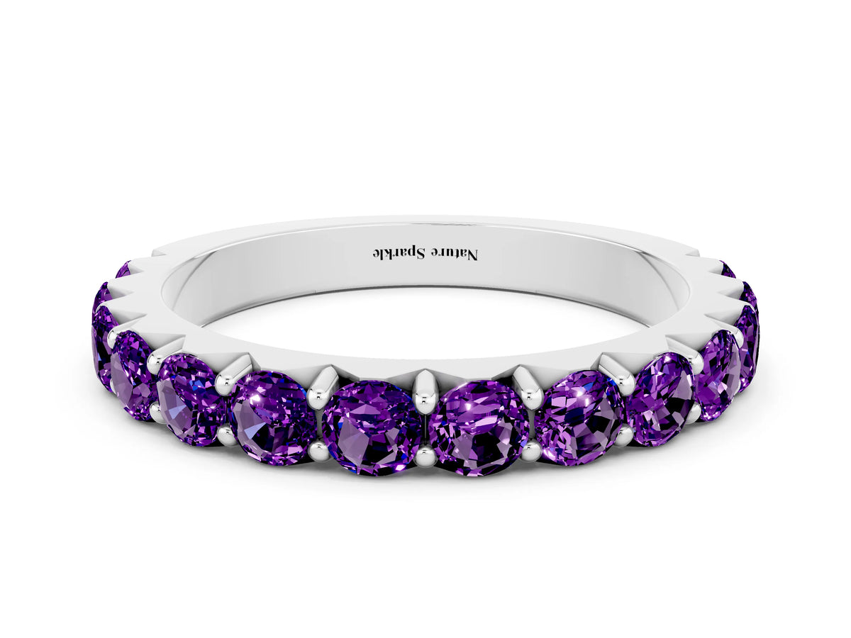 Round Amethyst Polished Half Eternity Band in Platinum with Classic Prong Setting