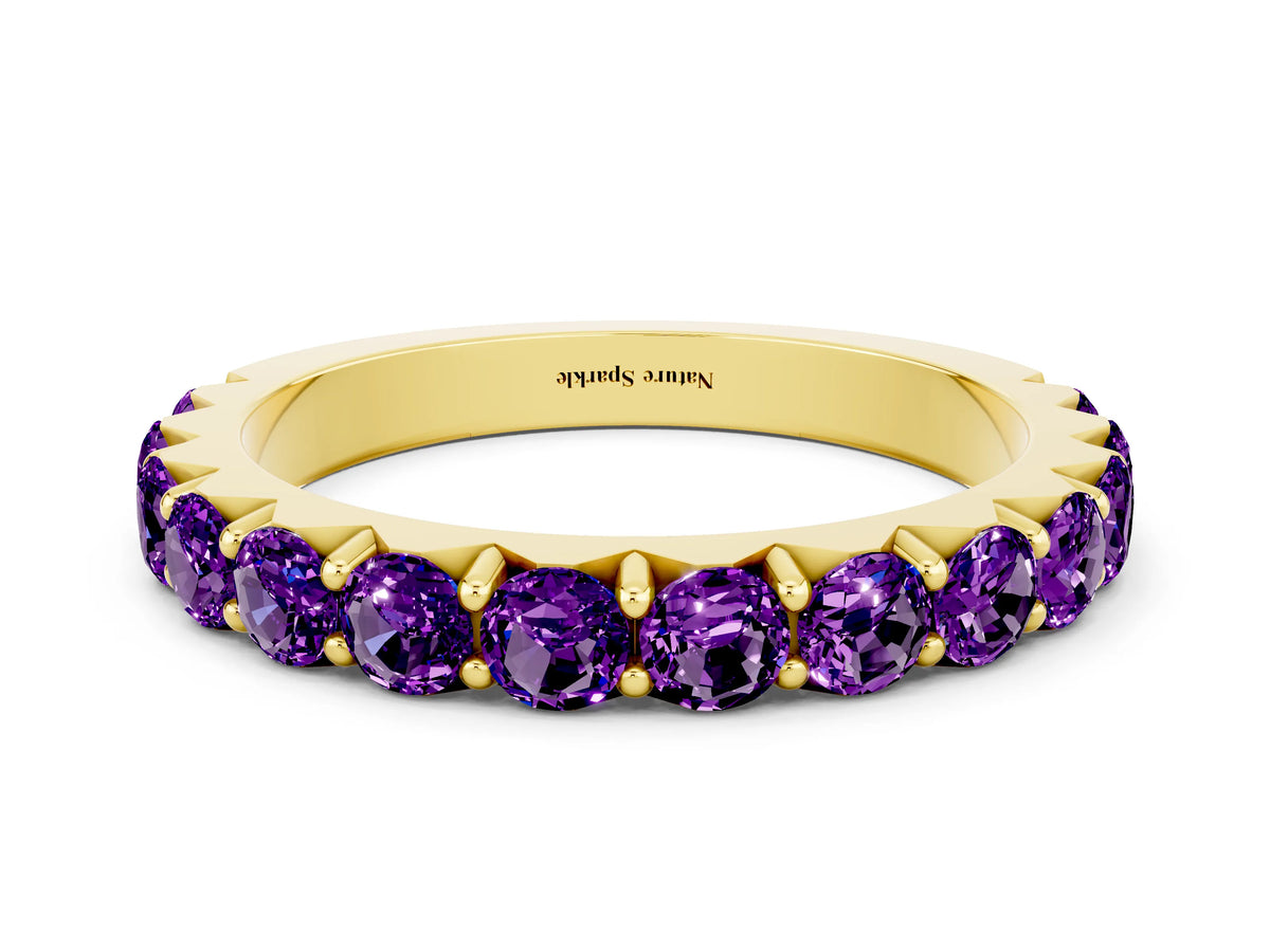 Round Amethyst Polished Half Eternity Band in Yellow gold with Classic Prong Setting