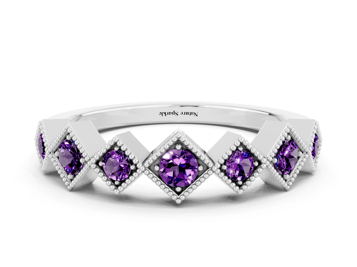 Round Amethyst Square Bezel Chevron Band in Platinum with Milgrain Detailing