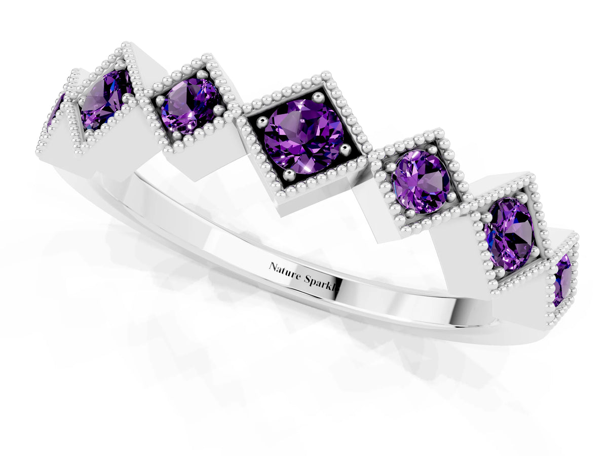 Round Amethyst Square Bezel Chevron Band in Platinum with Milgrain Detailing_1