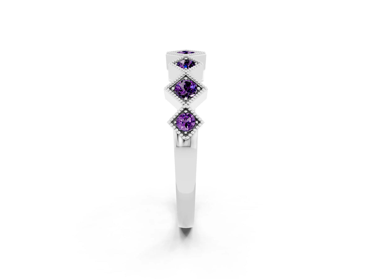 Round Amethyst Square Bezel Chevron Band in Platinum with Milgrain Detailing_2