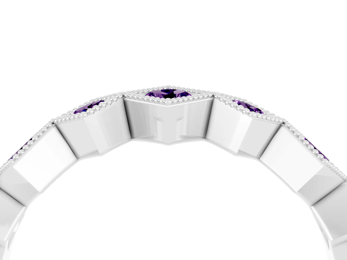 Round Amethyst Square Bezel Chevron Band in Platinum with Milgrain Detailing_4