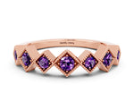 Round Amethyst Square Bezel Chevron Band in Rose gold with Milgrain Detailing