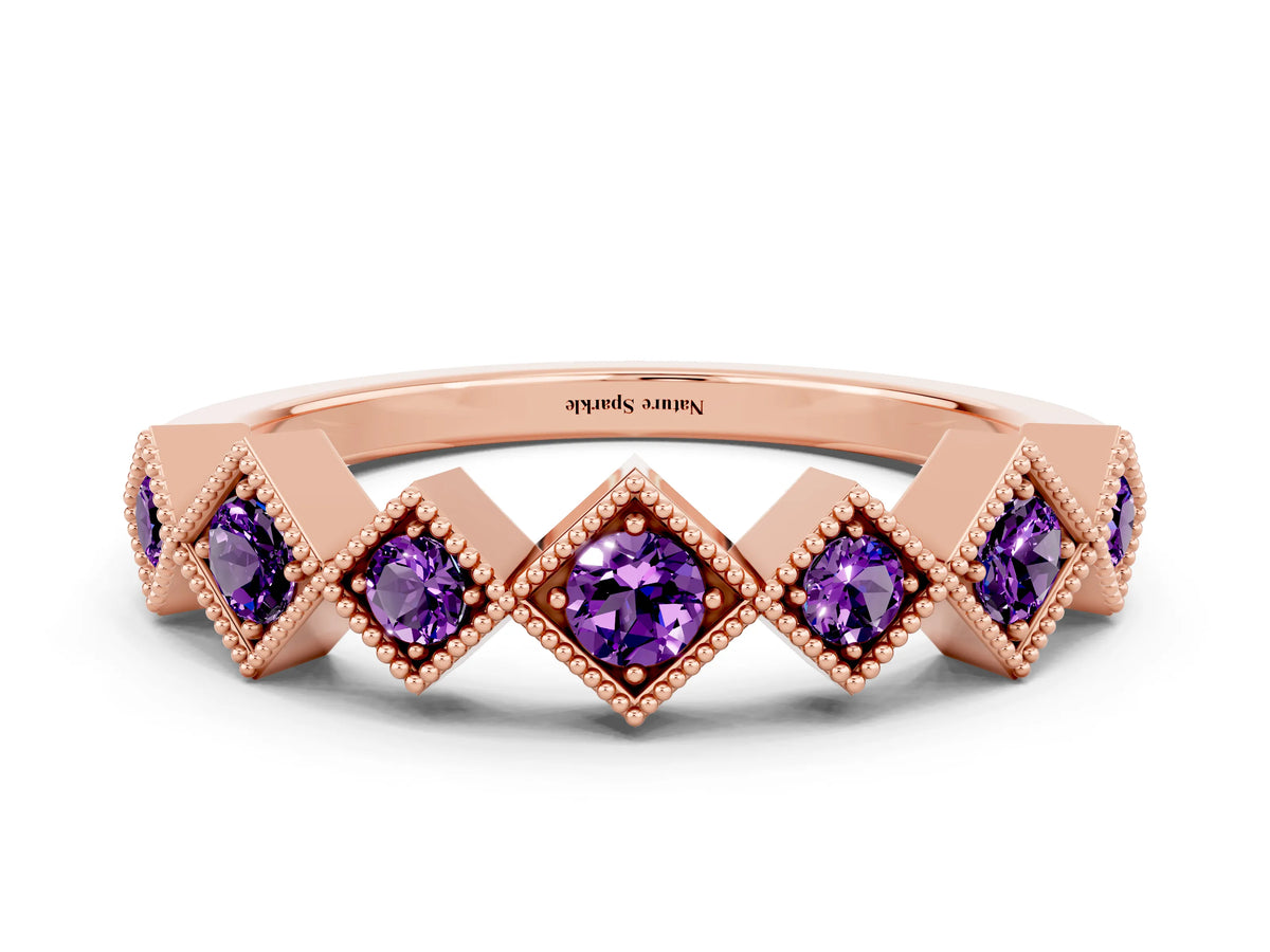 Round Amethyst Square Bezel Chevron Band in Rose gold with Milgrain Detailing