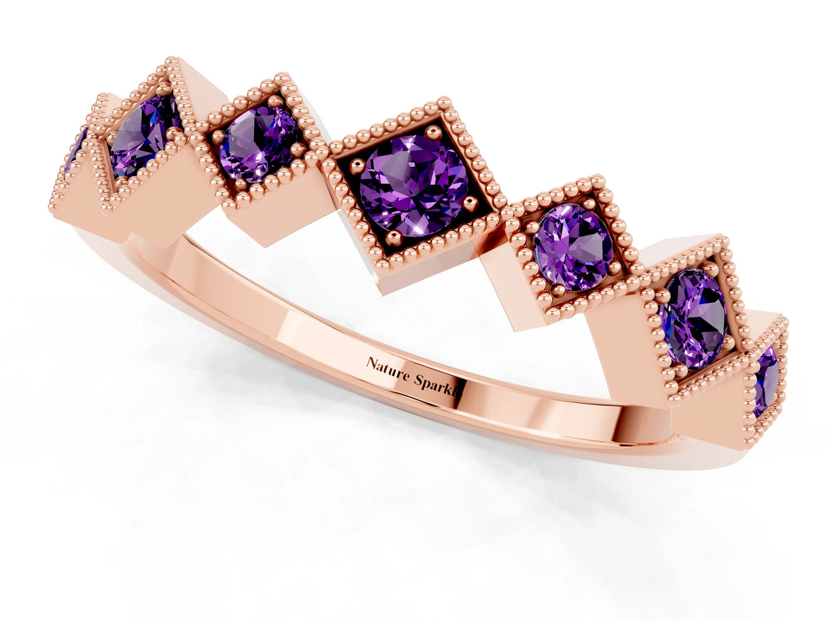 Round Amethyst Square Bezel Chevron Band in Rose gold with Milgrain Detailing_1