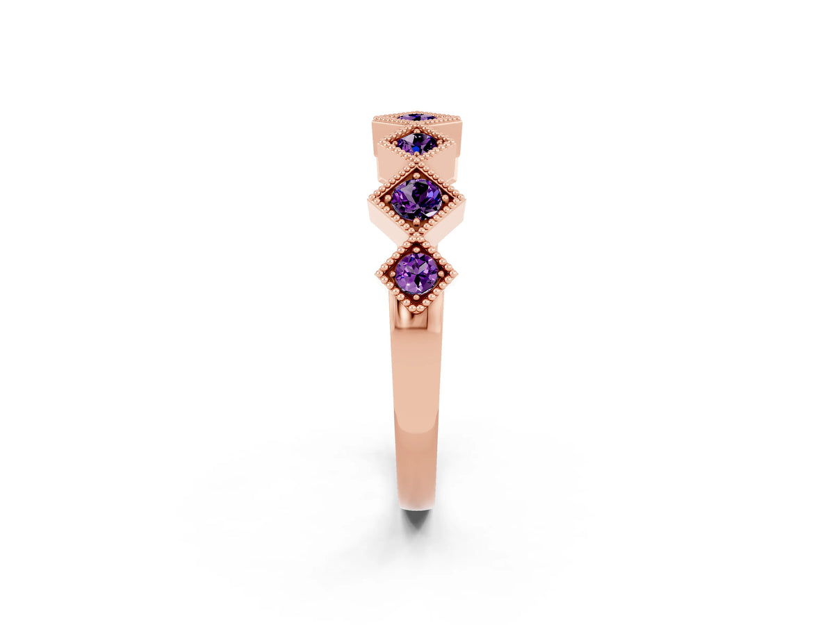 Round Amethyst Square Bezel Chevron Band in Rose gold with Milgrain Detailing_2