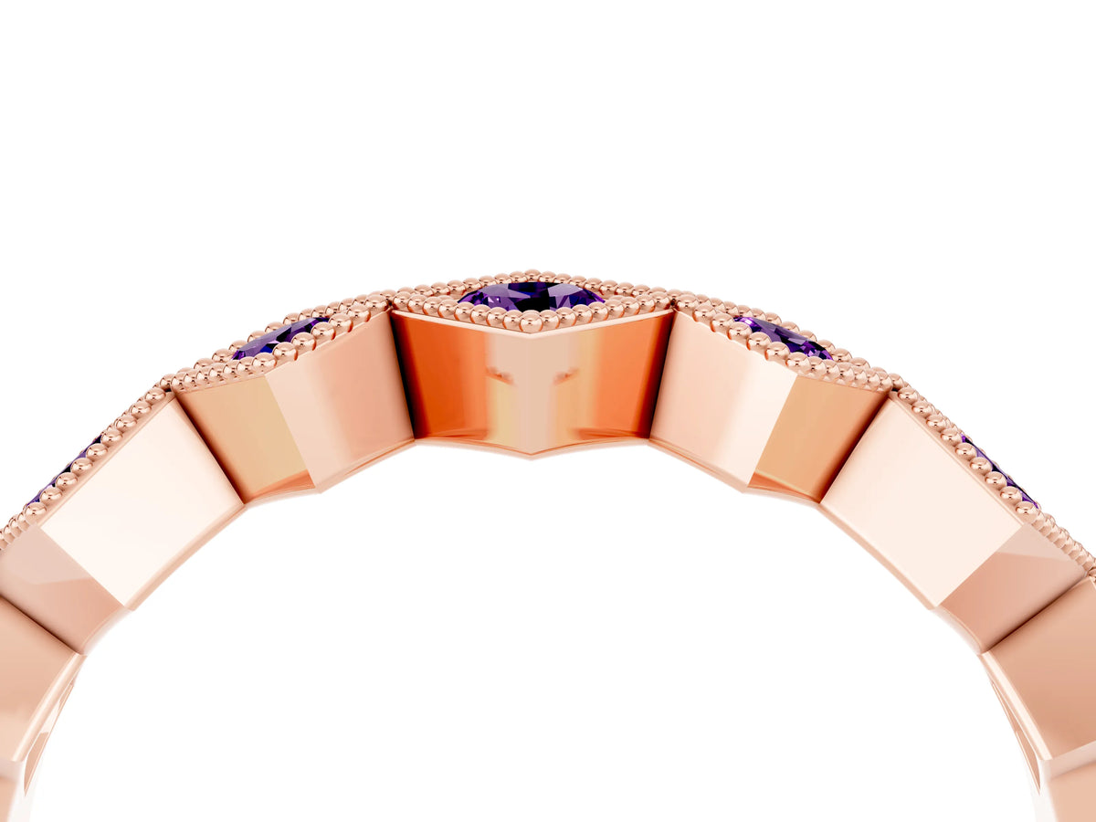 Round Amethyst Square Bezel Chevron Band in Rose gold with Milgrain Detailing_4
