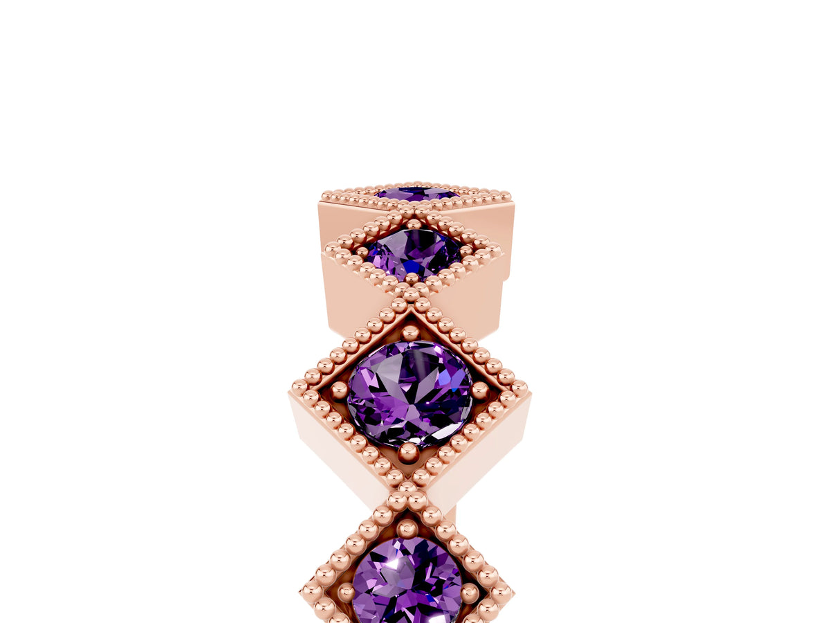 Round Amethyst Square Bezel Chevron Band in Rose gold with Milgrain Detailing_5