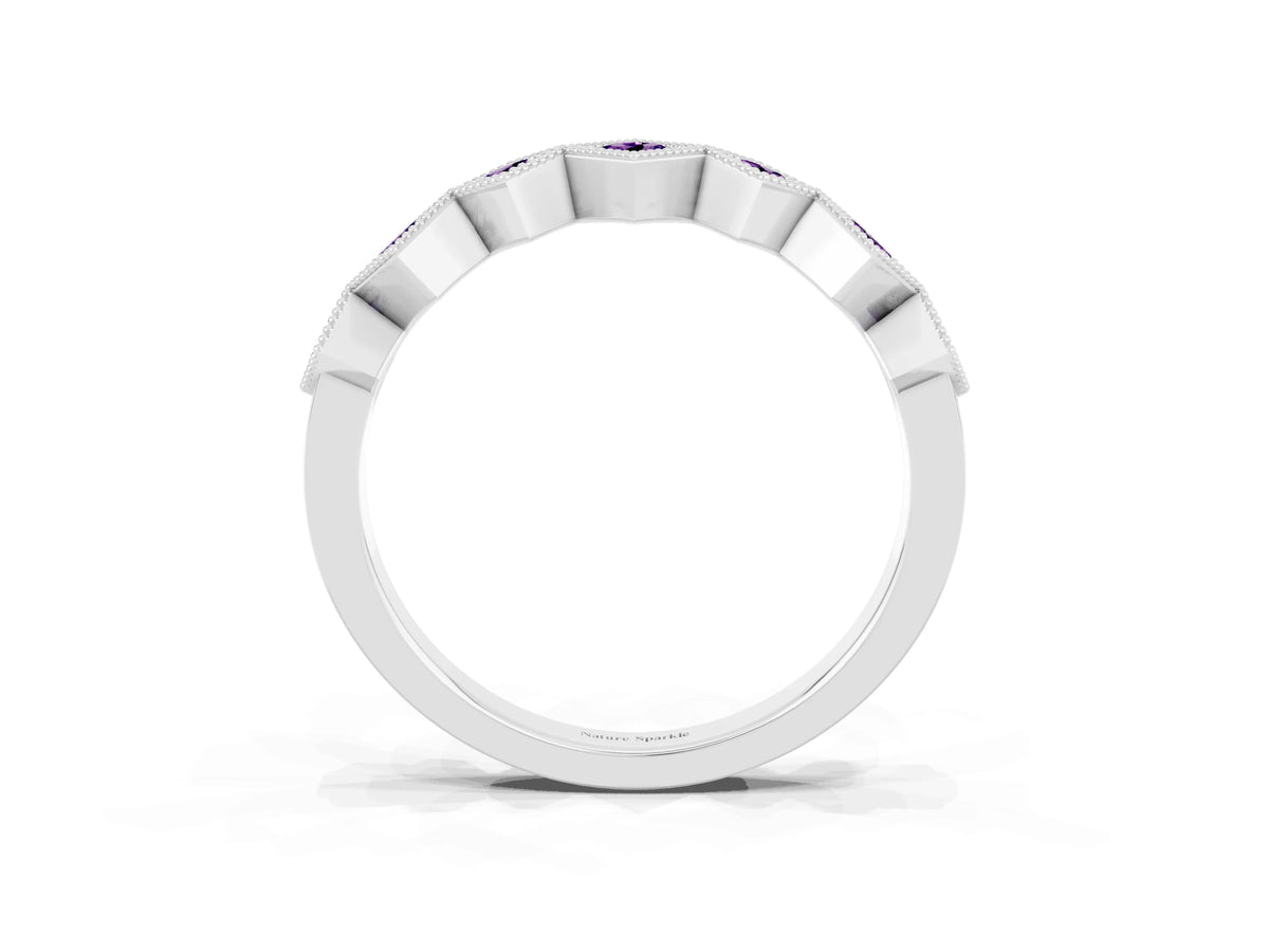Round Amethyst Square Bezel Chevron Band in Silver with Milgrain Detailing_3