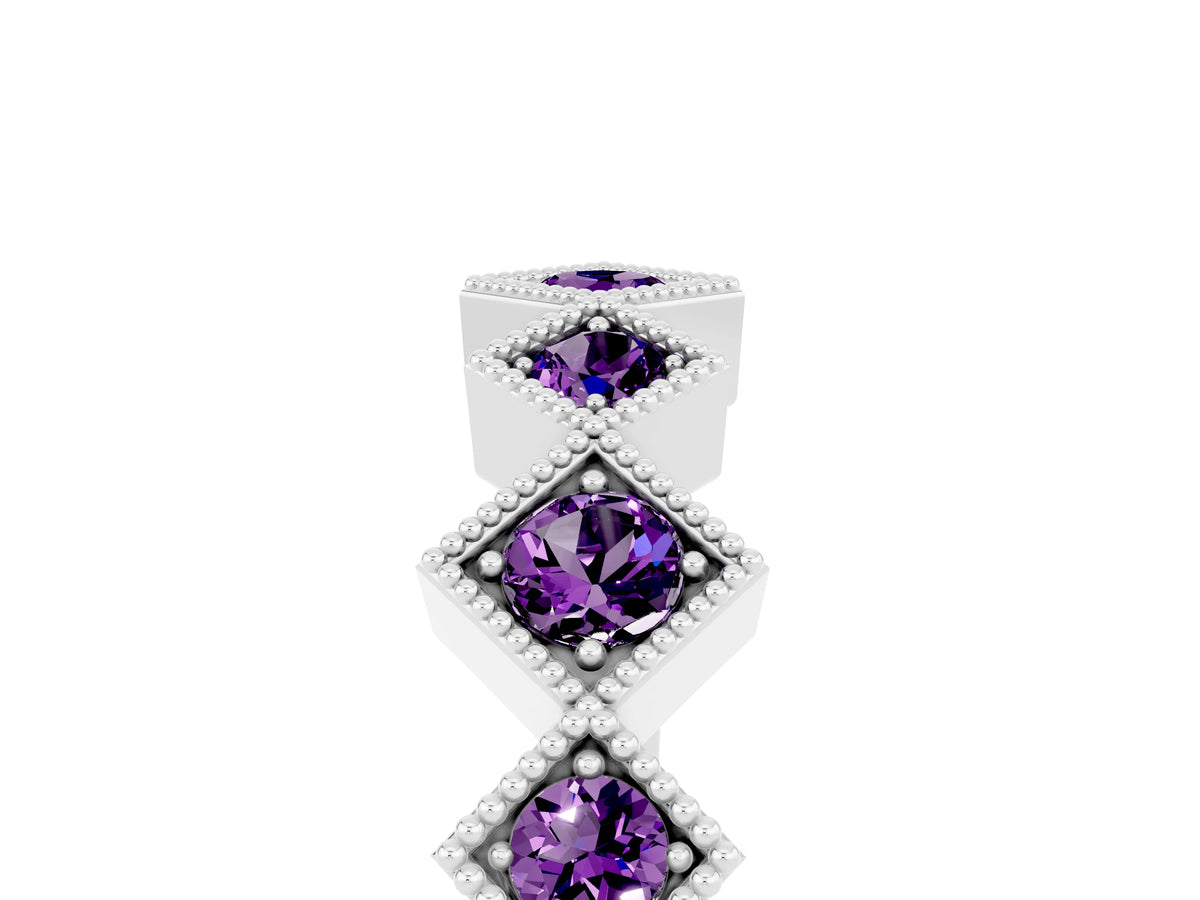 Round Amethyst Square Bezel Chevron Band in White gold with Milgrain Detailing_5