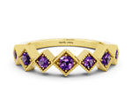 Round Amethyst Square Bezel Chevron Band in Yellow gold with Milgrain Detailing