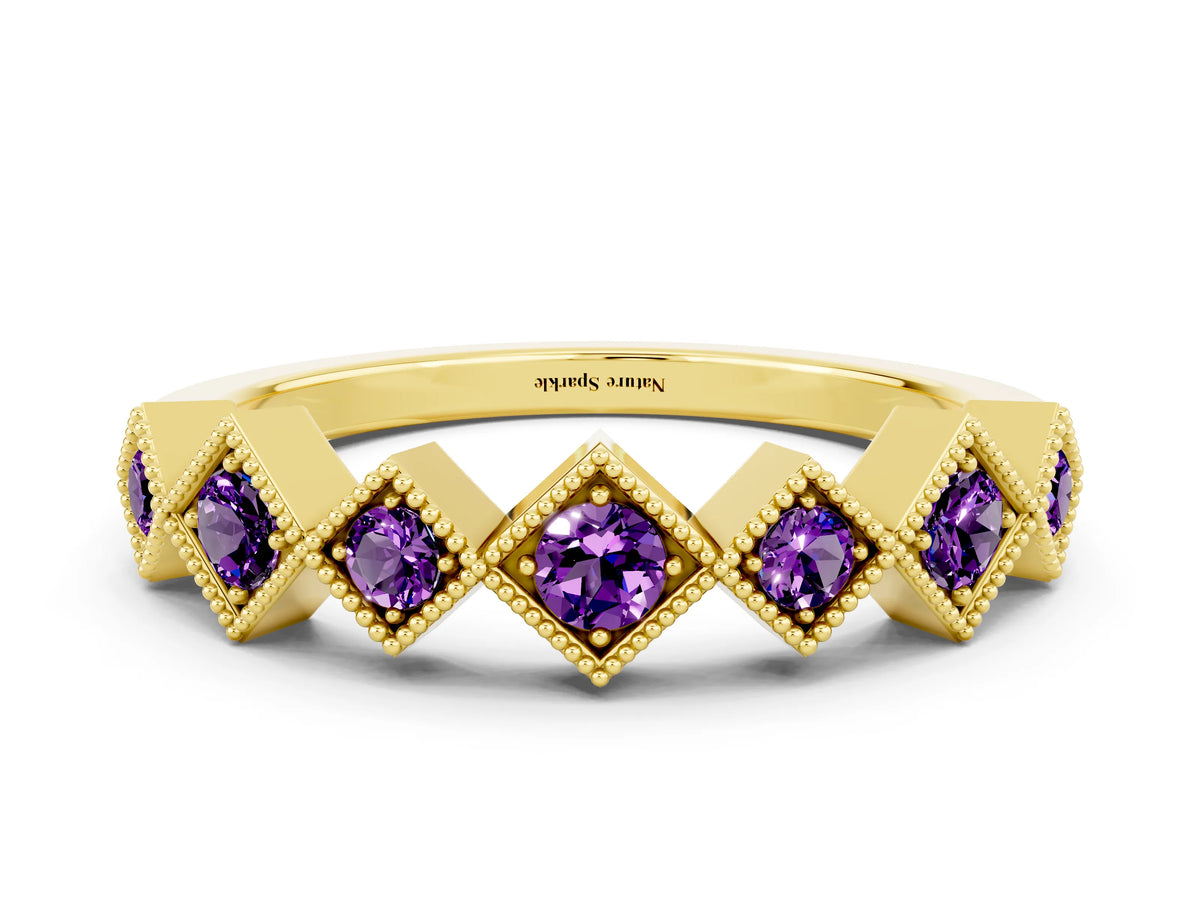 Round Amethyst Square Bezel Chevron Band in Yellow gold with Milgrain Detailing
