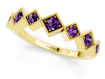 Round Amethyst Square Bezel Chevron Band in Yellow gold with Milgrain Detailing_1