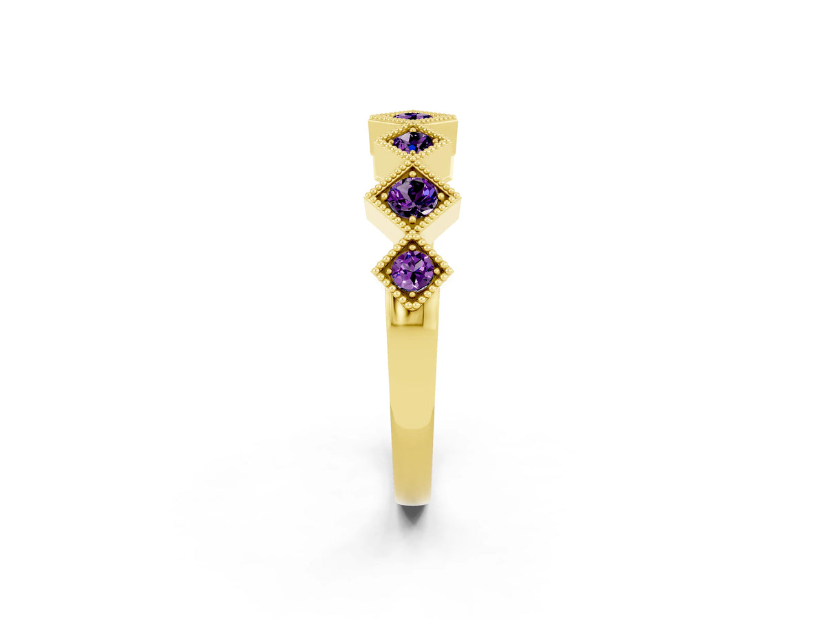 Round Amethyst Square Bezel Chevron Band in Yellow gold with Milgrain Detailing_2