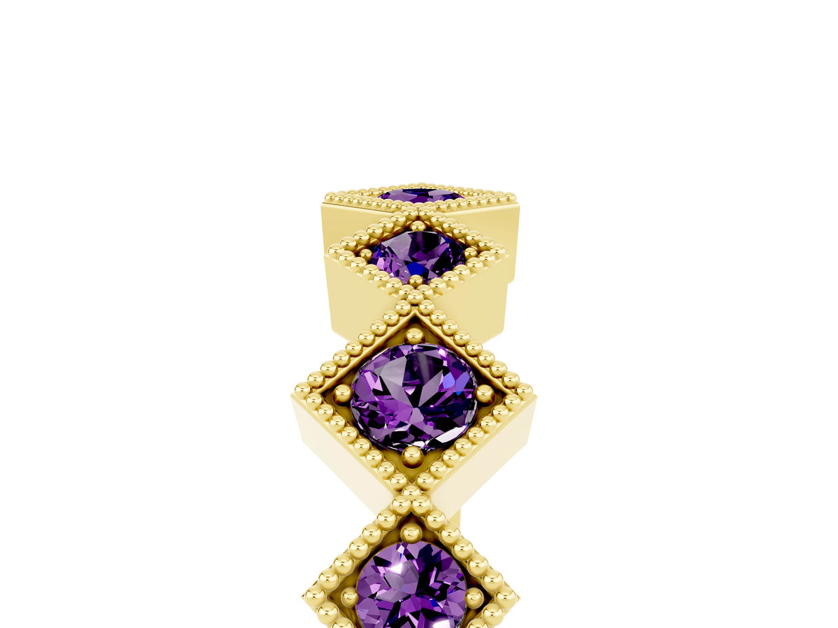 Round Amethyst Square Bezel Chevron Band in Yellow gold with Milgrain Detailing_5