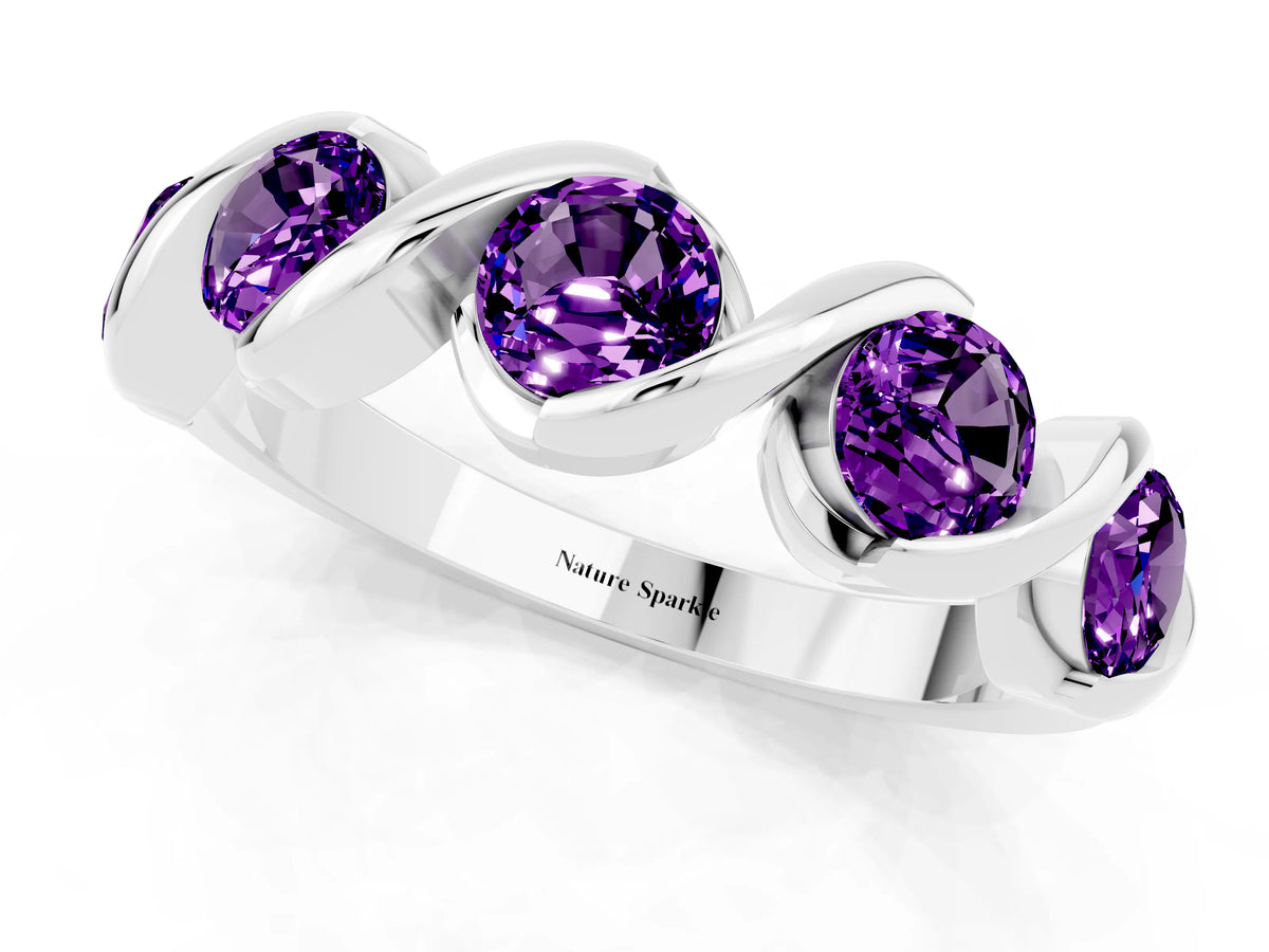 Round Amethyst Wave Band in Silver with Channel Setting and Shared Prongs_1