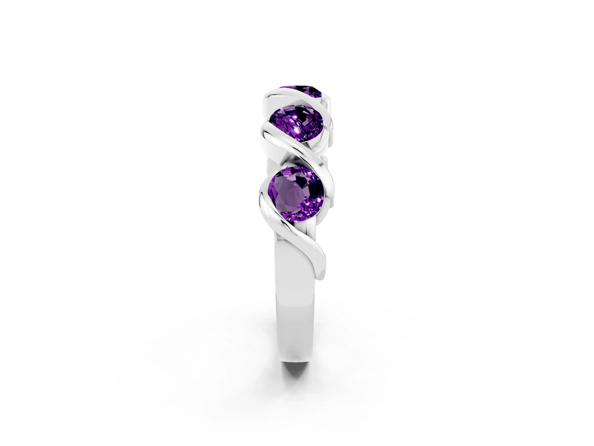 Round Amethyst Wave Band in Silver with Channel Setting and Shared Prongs_2