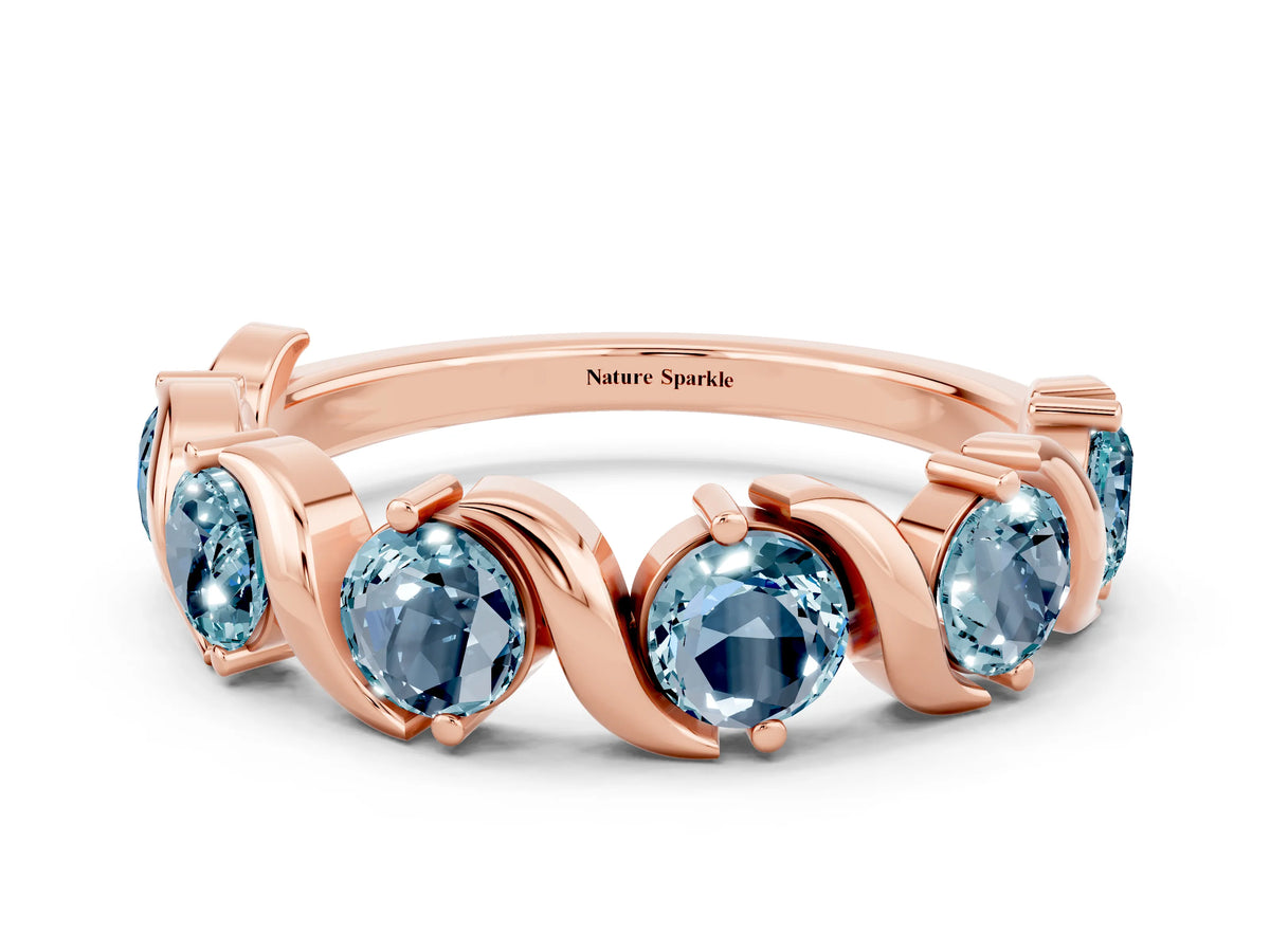 Round Aquamarine Half Eternity Band in Rose gold with Wave Prong Setting