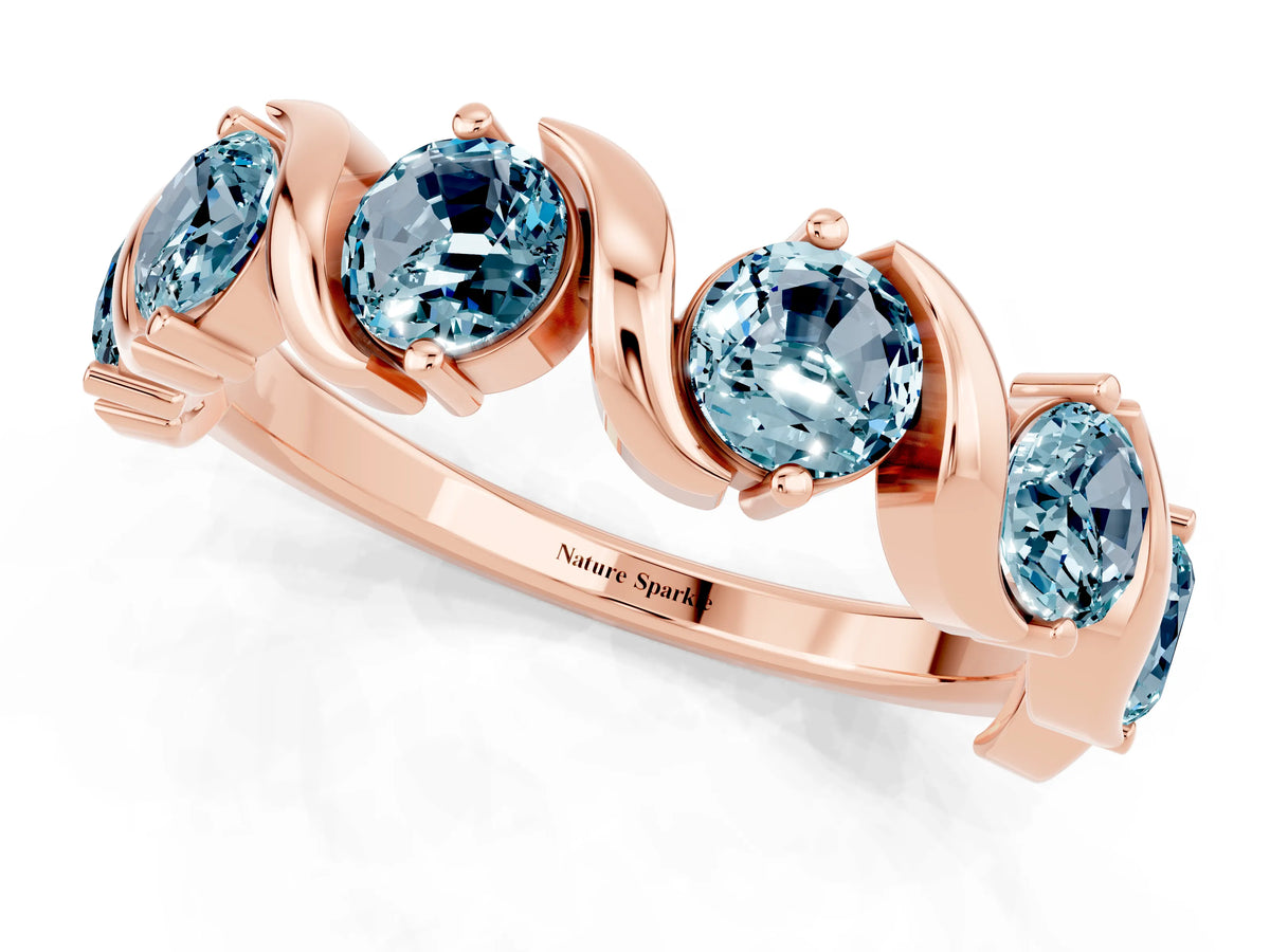 Round Aquamarine Half Eternity Band in Rose gold with Wave Prong Setting_1