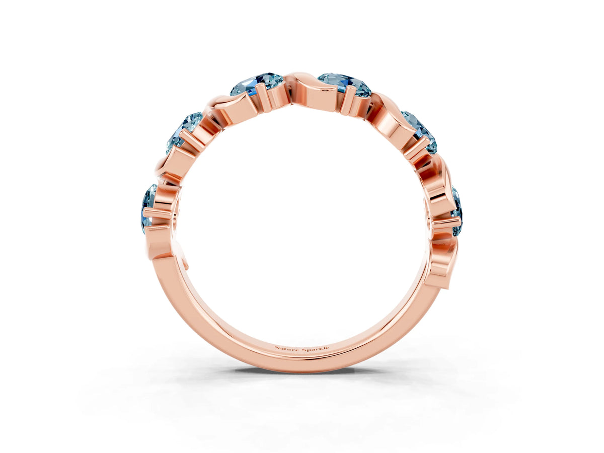 Round Aquamarine Half Eternity Band in Rose gold with Wave Prong Setting_3