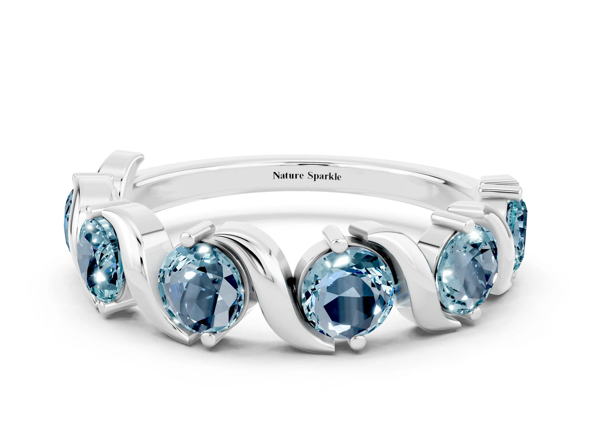 Round Aquamarine Half Eternity Band in Silver with Wave Prong Setting
