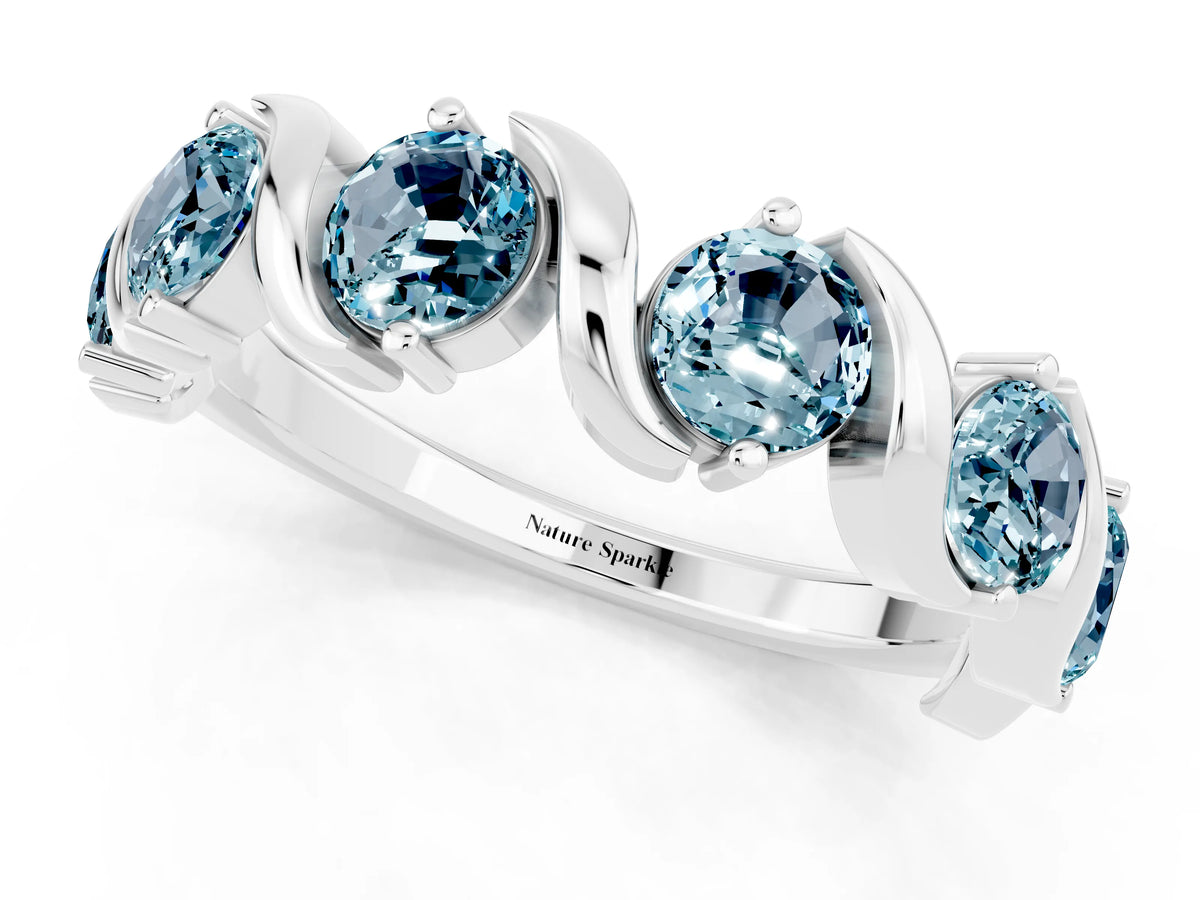 Round Aquamarine Half Eternity Band in Silver with Wave Prong Setting_1