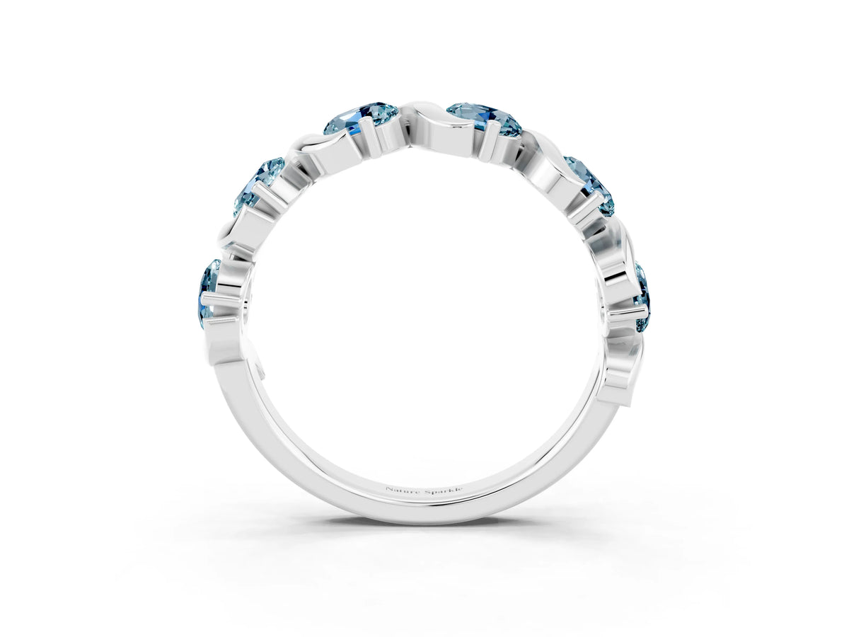 Round Aquamarine Half Eternity Band in Silver with Wave Prong Setting_3