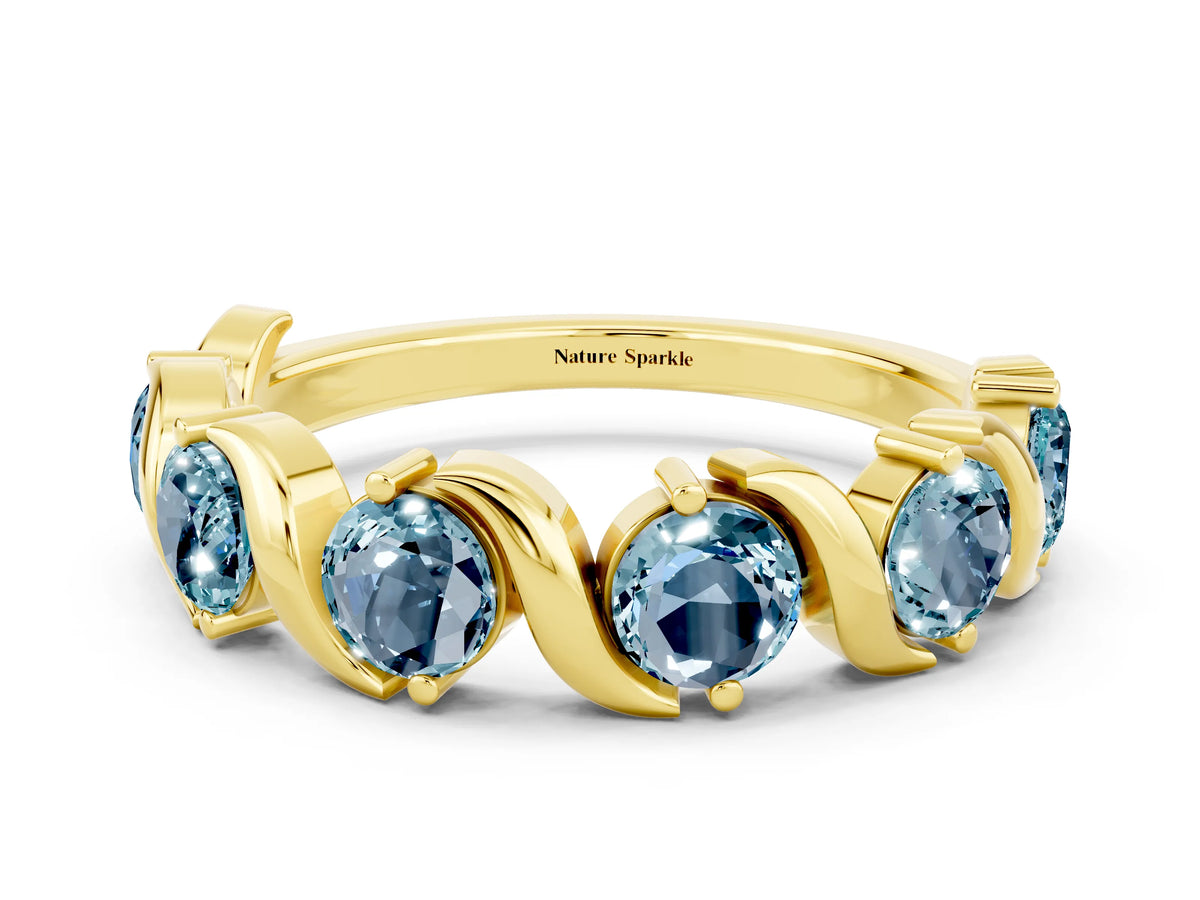 Round Aquamarine Half Eternity Band in Yellow gold with Wave Prong Setting