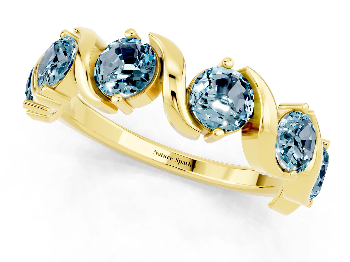 Round Aquamarine Half Eternity Band in Yellow gold with Wave Prong Setting_1