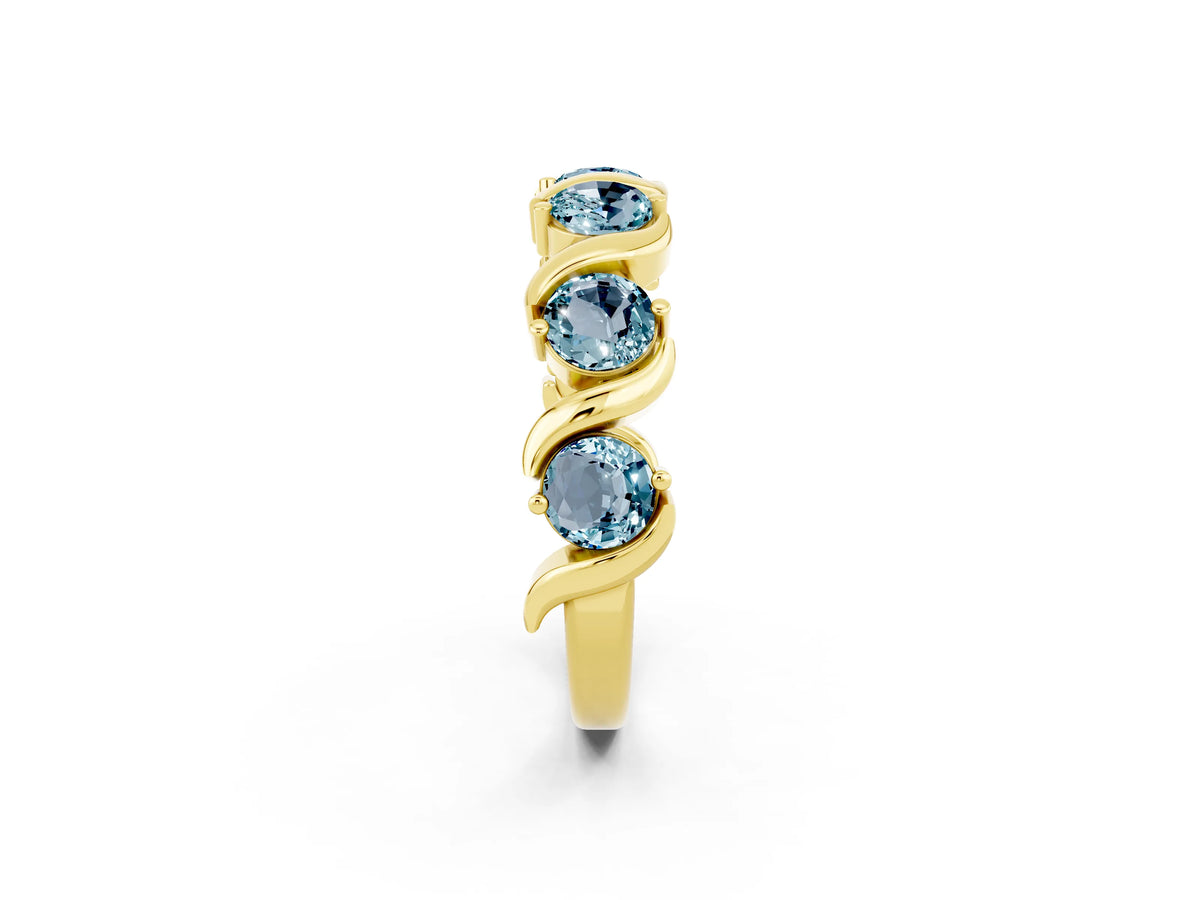 Round Aquamarine Half Eternity Band in Yellow gold with Wave Prong Setting_2