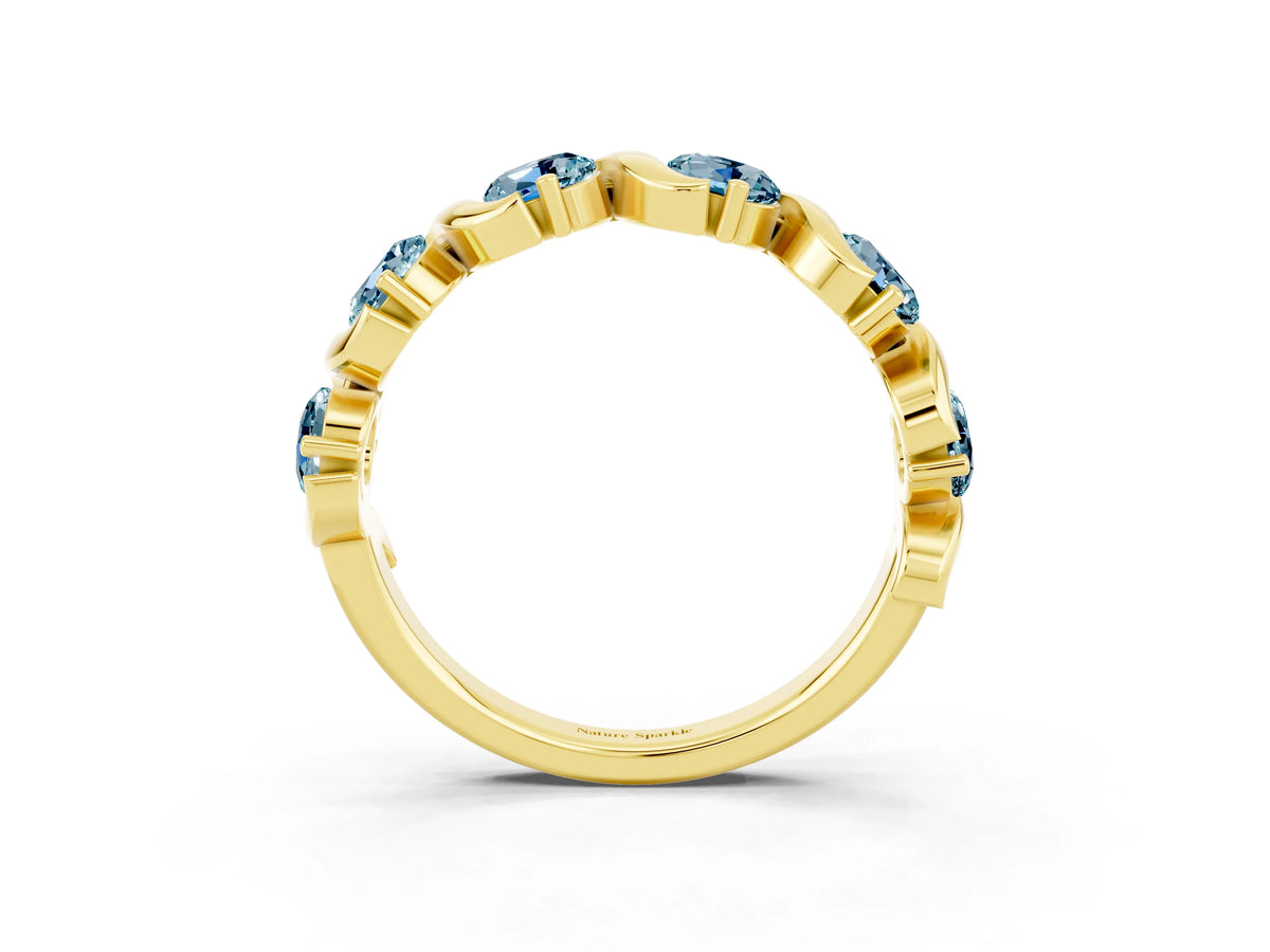 Round Aquamarine Half Eternity Band in Yellow gold with Wave Prong Setting_3