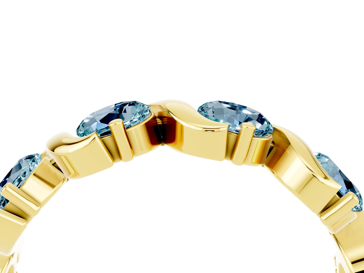 Round Aquamarine Half Eternity Band in Yellow gold with Wave Prong Setting_4