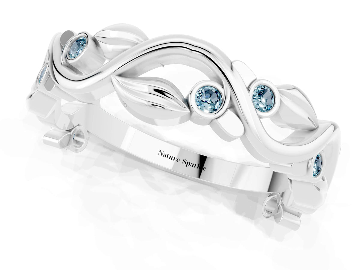 Round Aquamarine Leaf Motif Eternity Band in Platinum with Bezel Setting_1