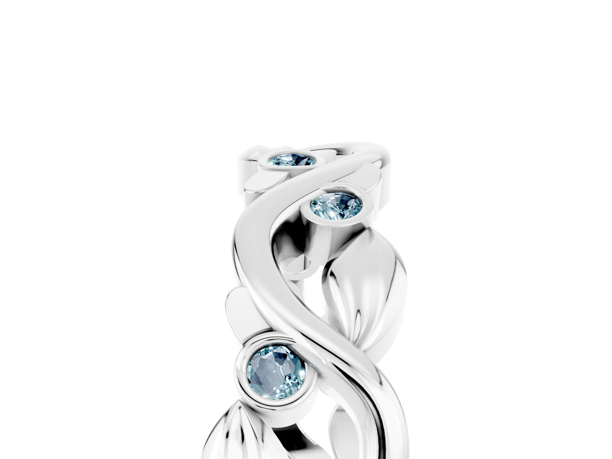 Round Aquamarine Leaf Motif Eternity Band in Platinum with Bezel Setting_5