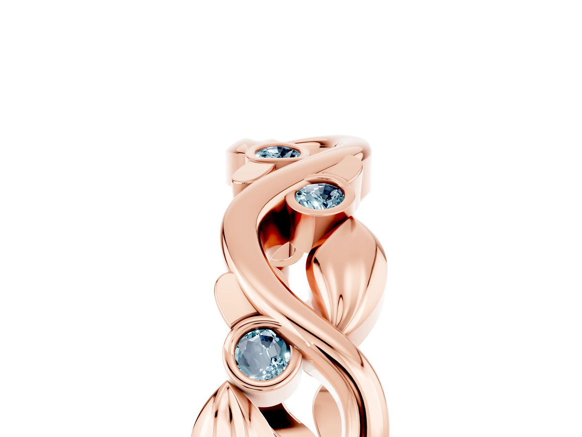 Round Aquamarine Leaf Motif Eternity Band in Rose gold with Bezel Setting_5