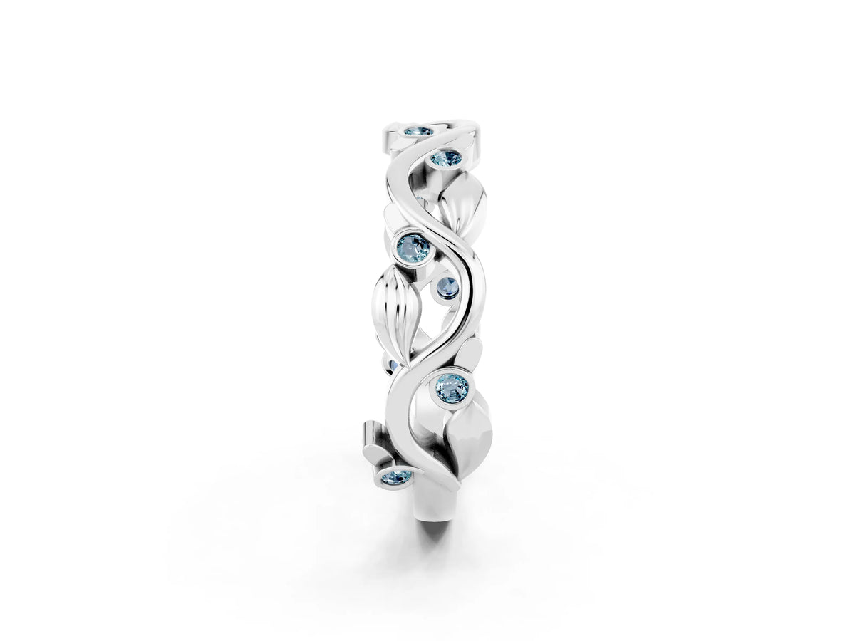 Round Aquamarine Leaf Motif Eternity Band in White gold with Bezel Setting_2