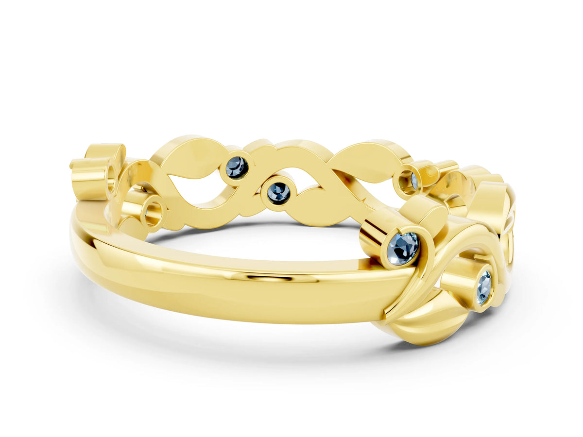 Round Aquamarine Leaf Motif Eternity Band in Yellow gold with Bezel Setting