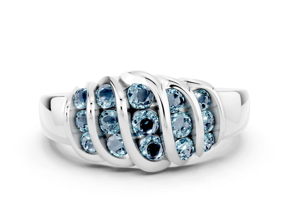 Round Aquamarine Multi-Row Crossover Band in Silver with Polished Curves