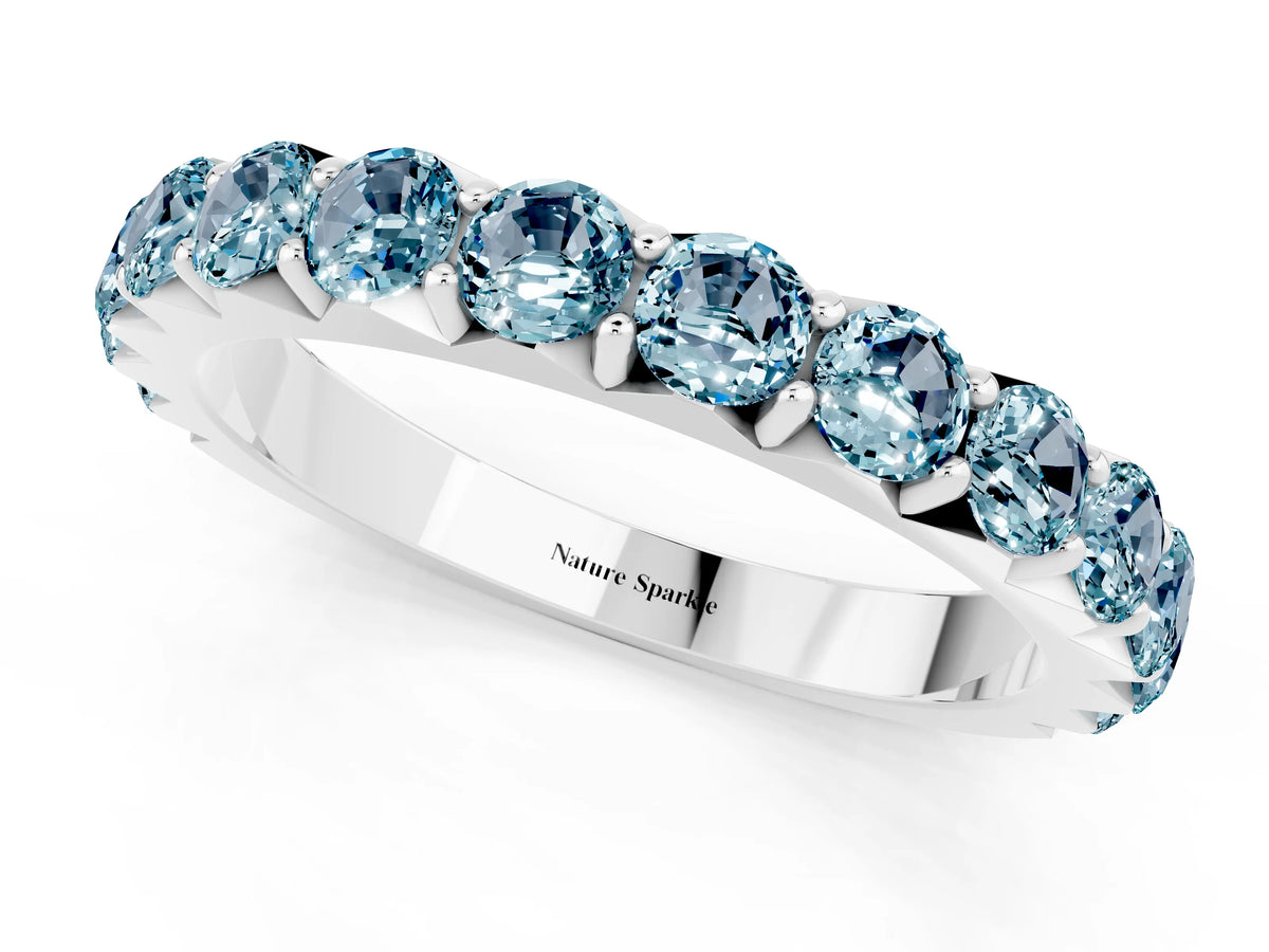 Round Aquamarine Polished Half Eternity Band in Platinum with Classic Prong Setting_1