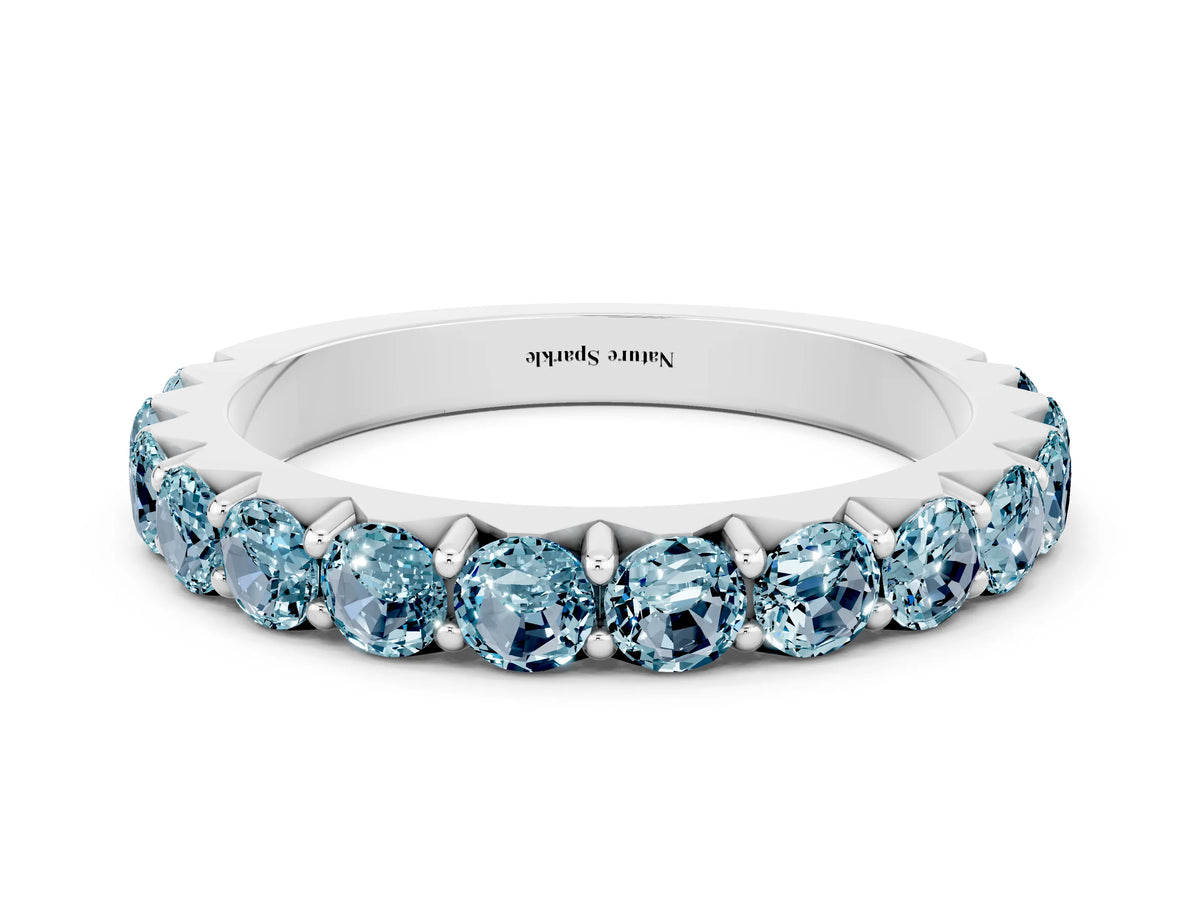 Round Aquamarine Polished Half Eternity Band in White gold with Classic Prong Setting