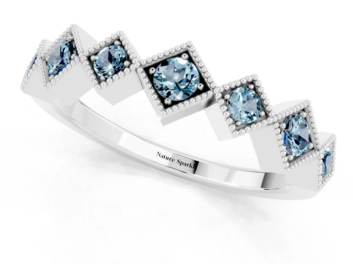 Round Aquamarine Square Bezel Chevron Band in Platinum with Milgrain Detailing_1