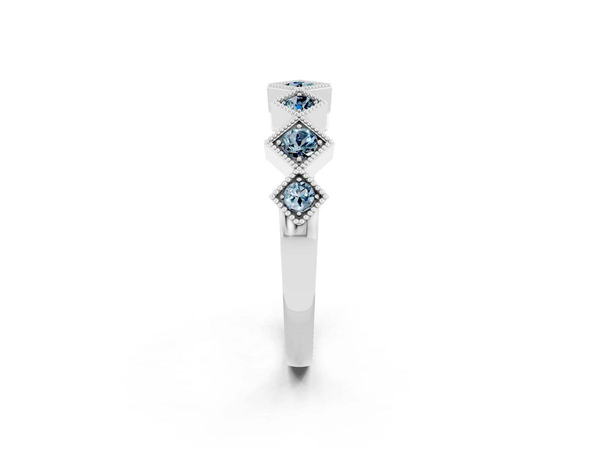 Round Aquamarine Square Bezel Chevron Band in Platinum with Milgrain Detailing_2