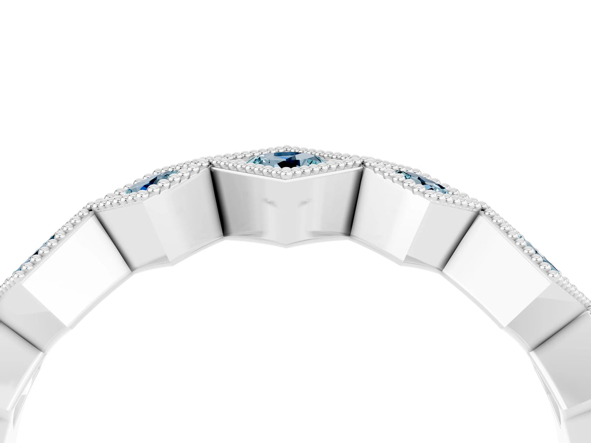 Round Aquamarine Square Bezel Chevron Band in Platinum with Milgrain Detailing_4