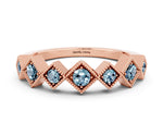 Round Aquamarine Square Bezel Chevron Band in Rose gold with Milgrain Detailing