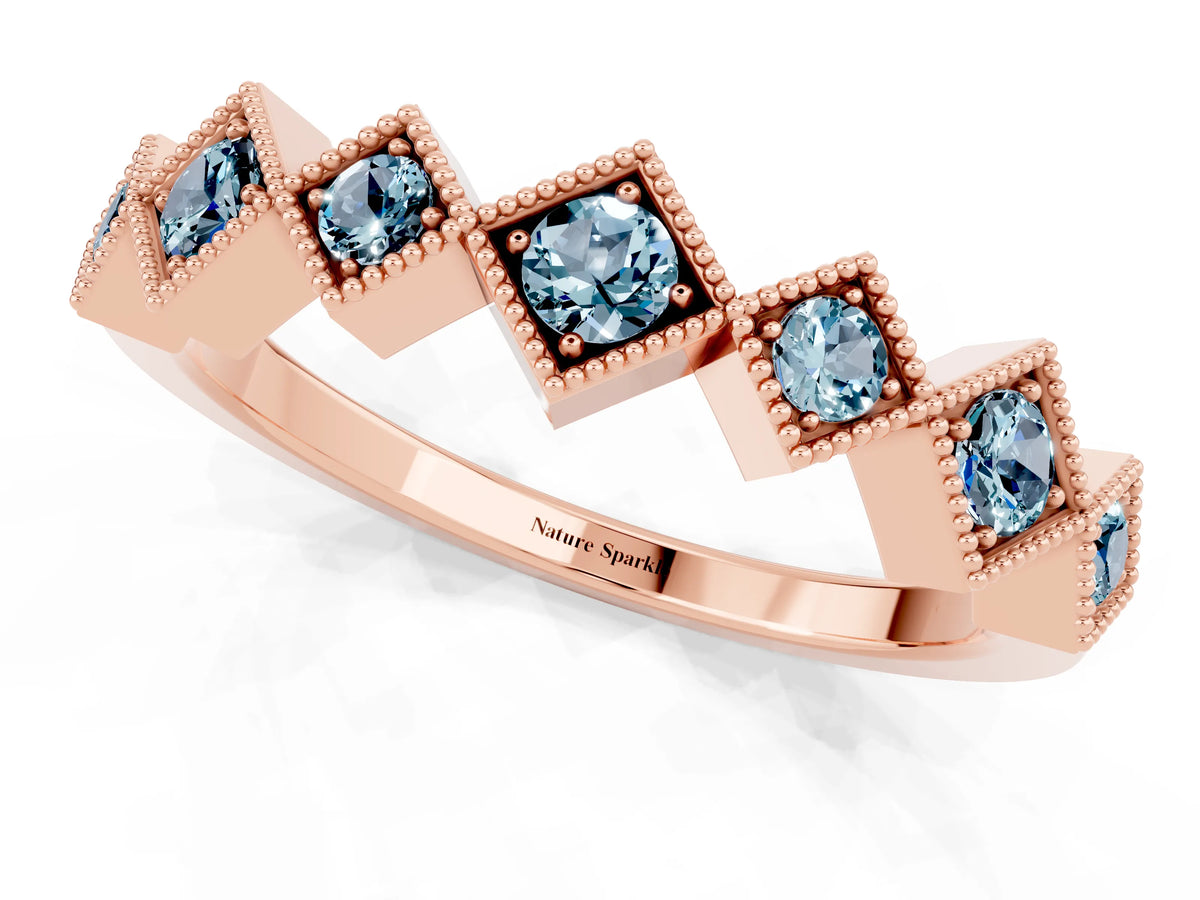 Round Aquamarine Square Bezel Chevron Band in Rose gold with Milgrain Detailing_1