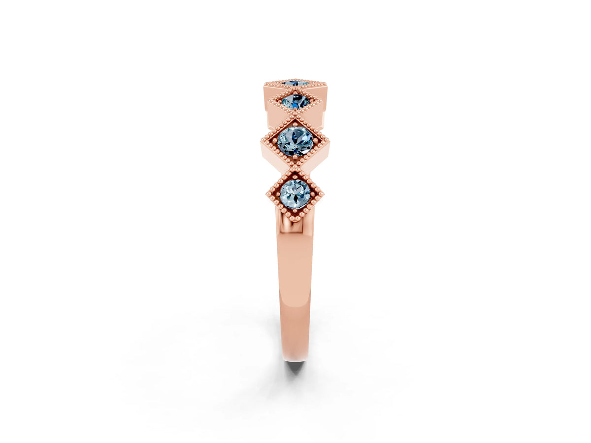 Round Aquamarine Square Bezel Chevron Band in Rose gold with Milgrain Detailing_2