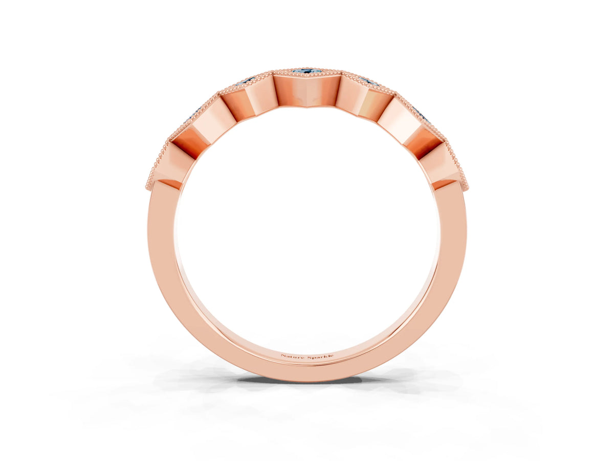 Round Aquamarine Square Bezel Chevron Band in Rose gold with Milgrain Detailing_3