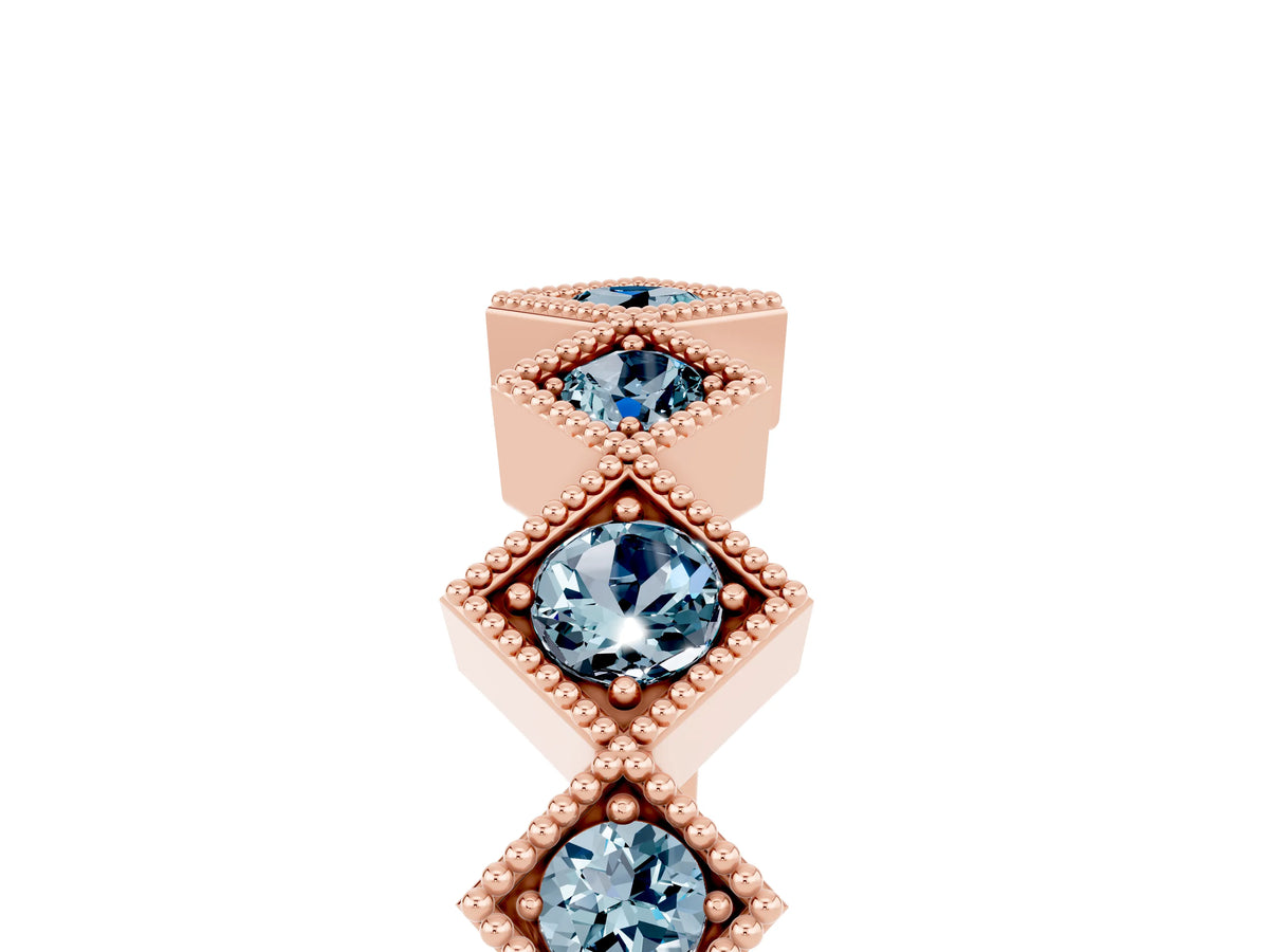 Round Aquamarine Square Bezel Chevron Band in Rose gold with Milgrain Detailing_5
