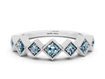 Round Aquamarine Square Bezel Chevron Band in Silver with Milgrain Detailing